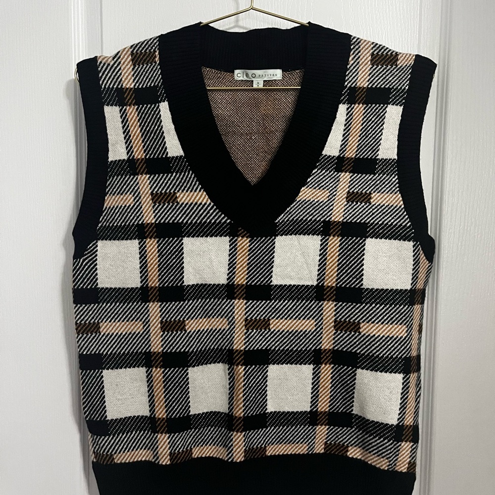 Cleo V-Neck Plaid Sweater Vest in Black, White, and Tan